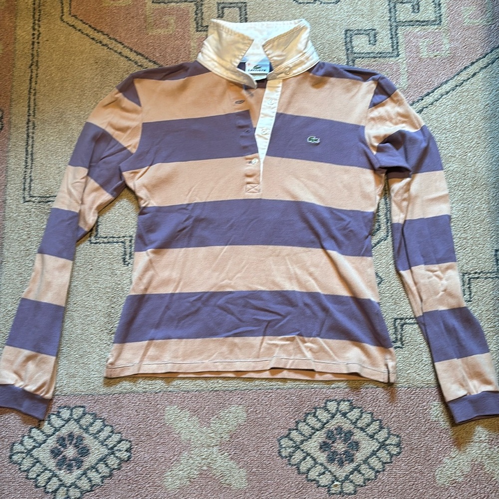Lacoste long sleeve rugby, purple and light pink stripes, XS